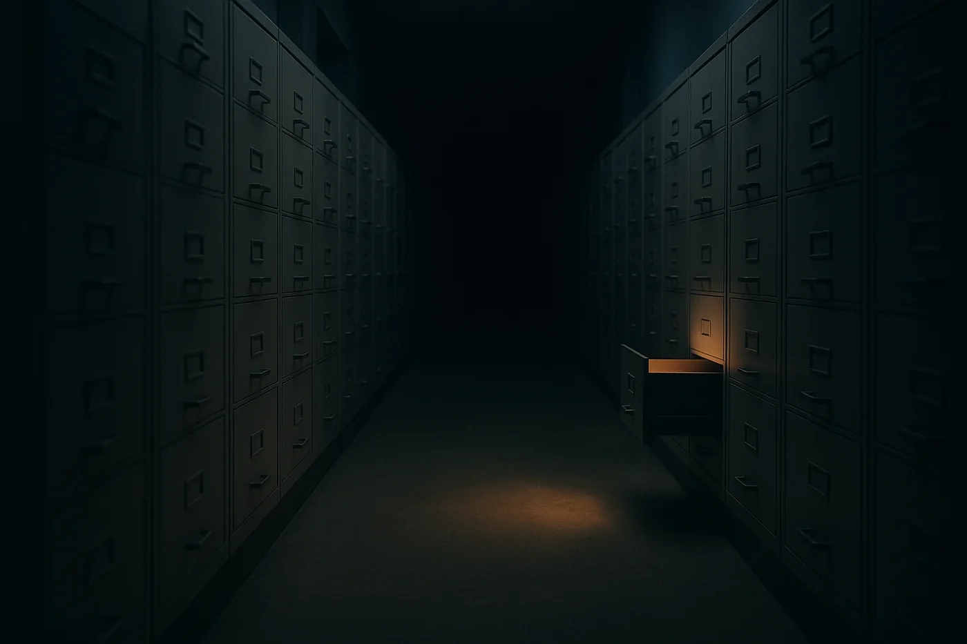 A dim archive corridor of grey filing cabinets at dusk; one drawer stands half open with warm light spilling out.