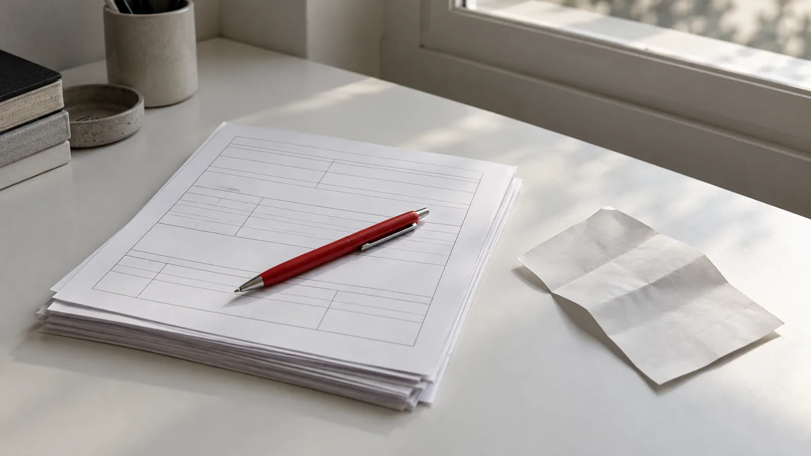 Blank paper forms and a red pen on a desk.
