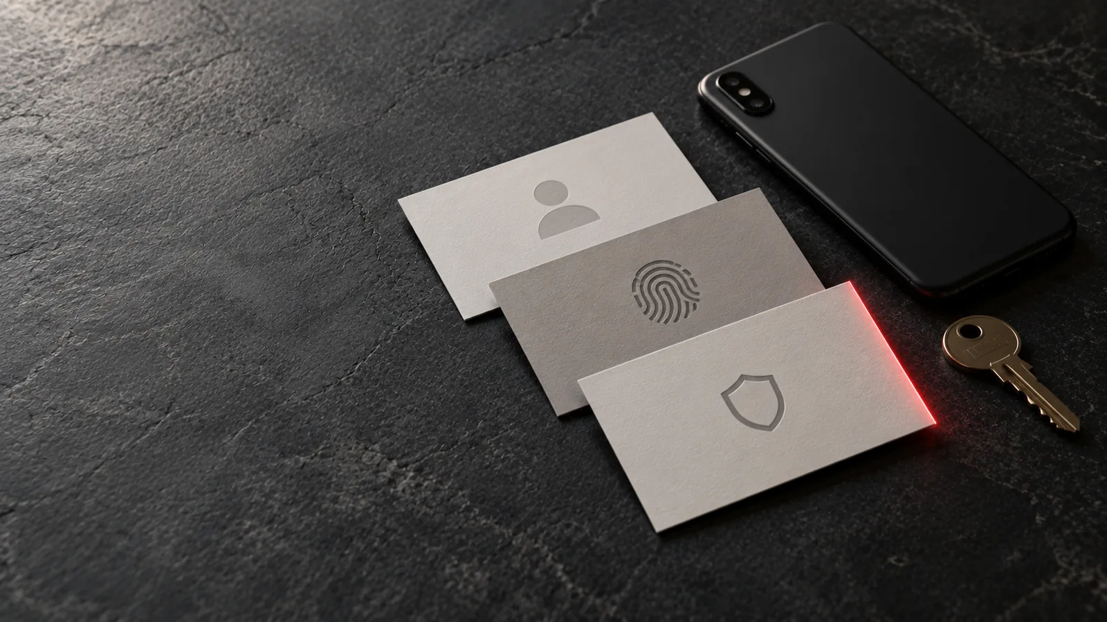 Cards, a key and a phone on a slate surface, suggesting identity and access.