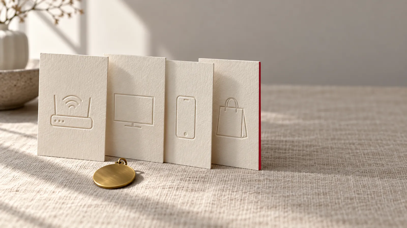 Four cream letterpress cards standing in a row on a linen tablecloth, debossed with a router, a television, a mobile phone and a shopping bag, beside a plain brass medal.