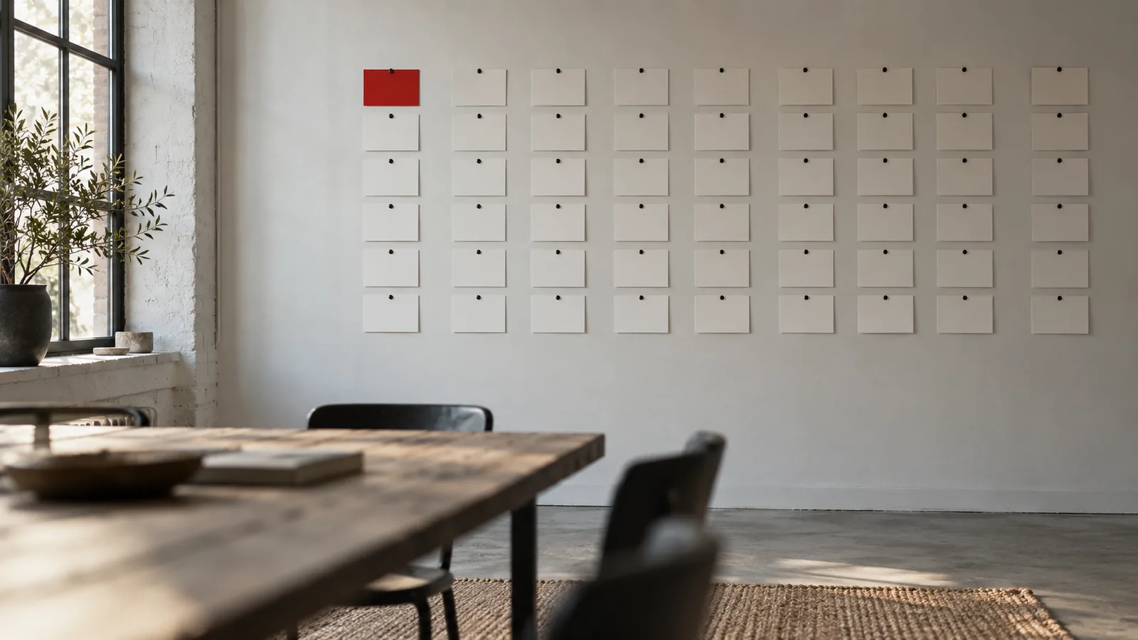 A studio wall with a grid of blank cards, ready for planning.